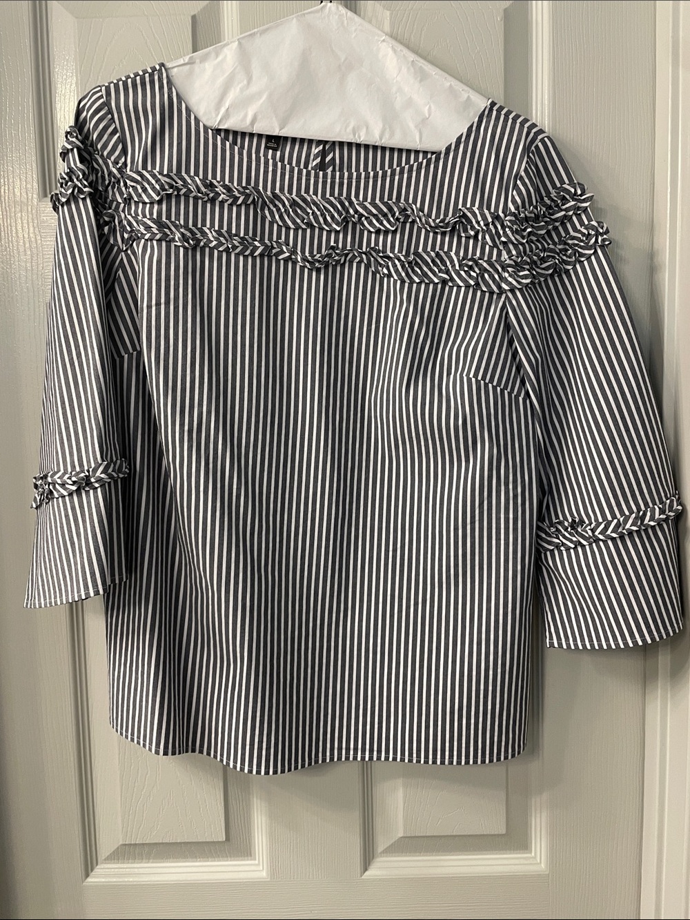 Talbots gray and White Striped Ruffle-Trim Blouse